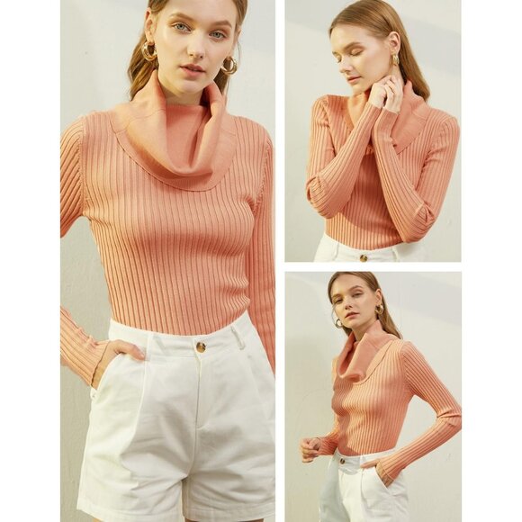 Women’s Tan Cowl Neck Stretchable Knit Long Sleeve Bodycon Fit Slim Sexy Sweater - Picture 3 of 5